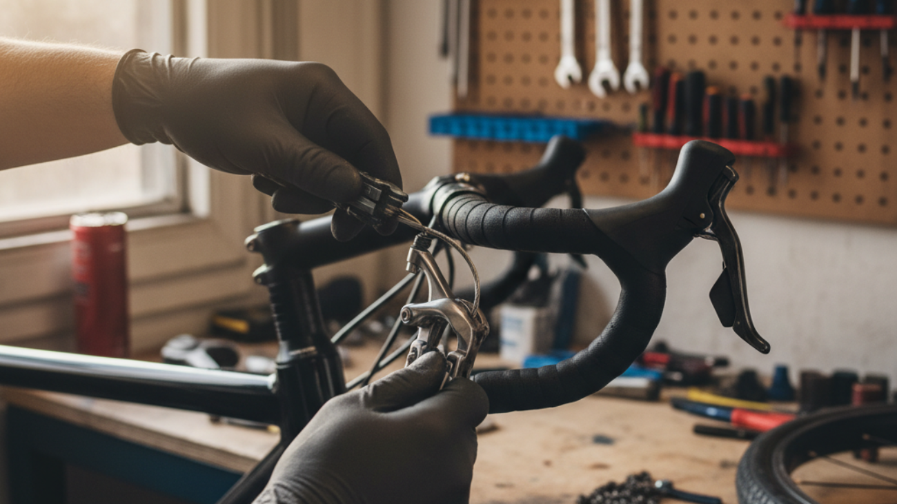 Hands tightening bicycle brake cables on handlebars in a workshop, highlighting key brake components.