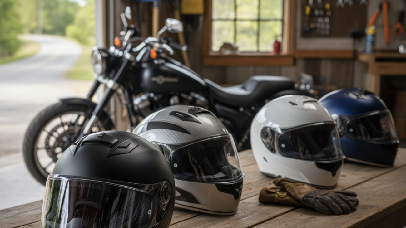 A stylish array of modern biker helmets on display with a motorcycle in the blurred outdoor background.