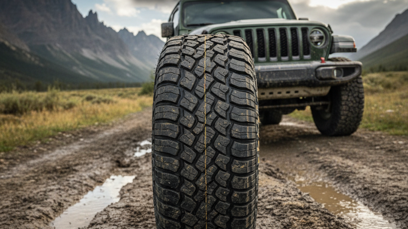 Best All Terrain Tyres Reviewed: Tough tyres on a muddy trail with 4x4, mountains, and dramatic sky.