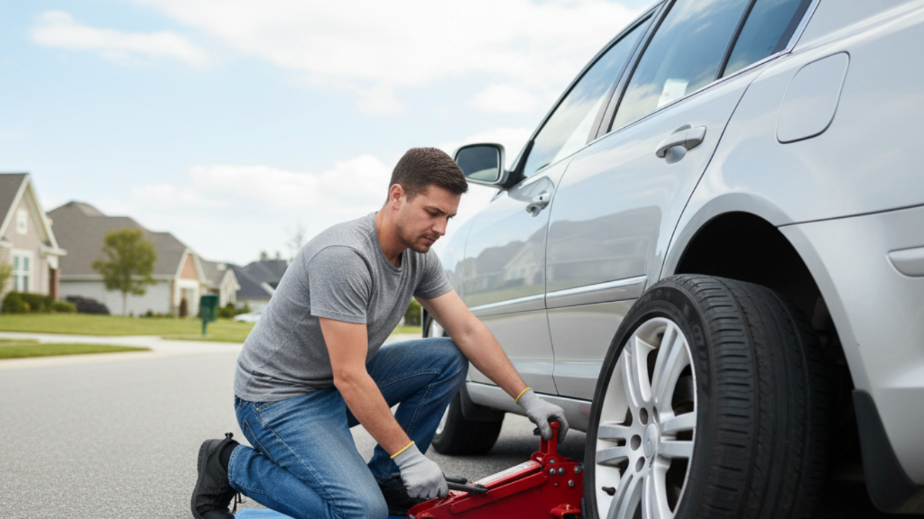 A person changing a car tyre roadside with tools, shown step-by-step in a safe, clear setting.