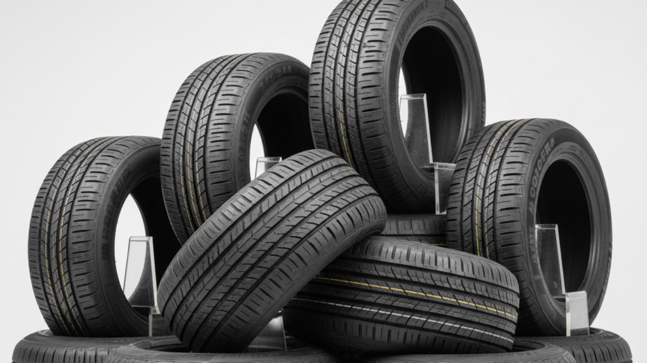 Ten top-rated tyres with detailed treads and branding arranged on a clean, modern magazine cover.
