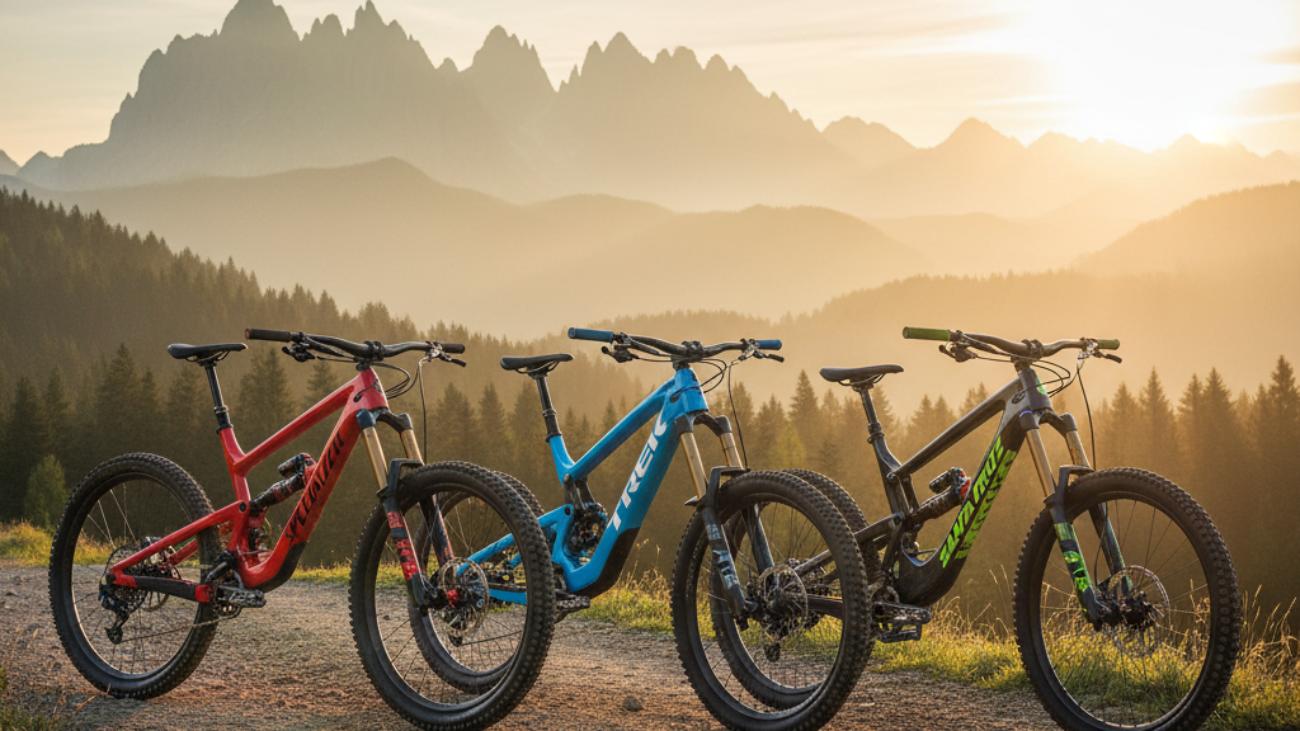alt_text: Three elite mountain bikes on a sunrise trail, with stunning peaks and forest backdrop, exude performance.