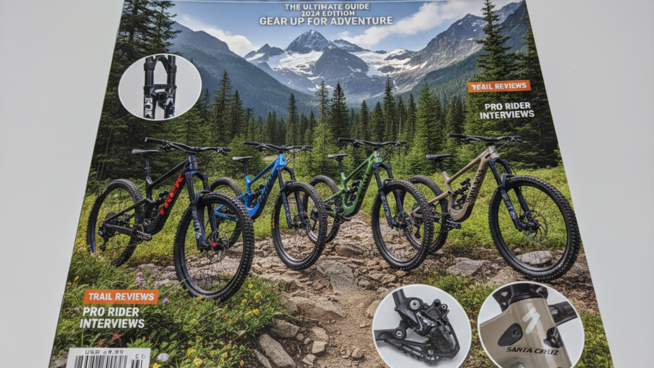 Top MTB Brands: High-end mountain bikes showcased on a scenic trail with close-ups of logos and frames.