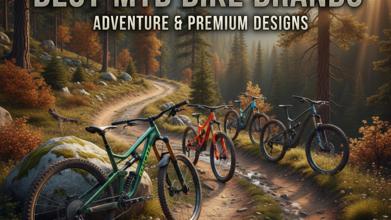 Best MTB Bike Brands—top mountain bikes on a scenic trail, showcasing adventure and premium designs.