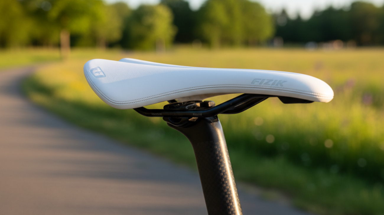 Saddles Mount White Reviews cover: close-up of a premium white bike saddle outdoors, modern and inviting