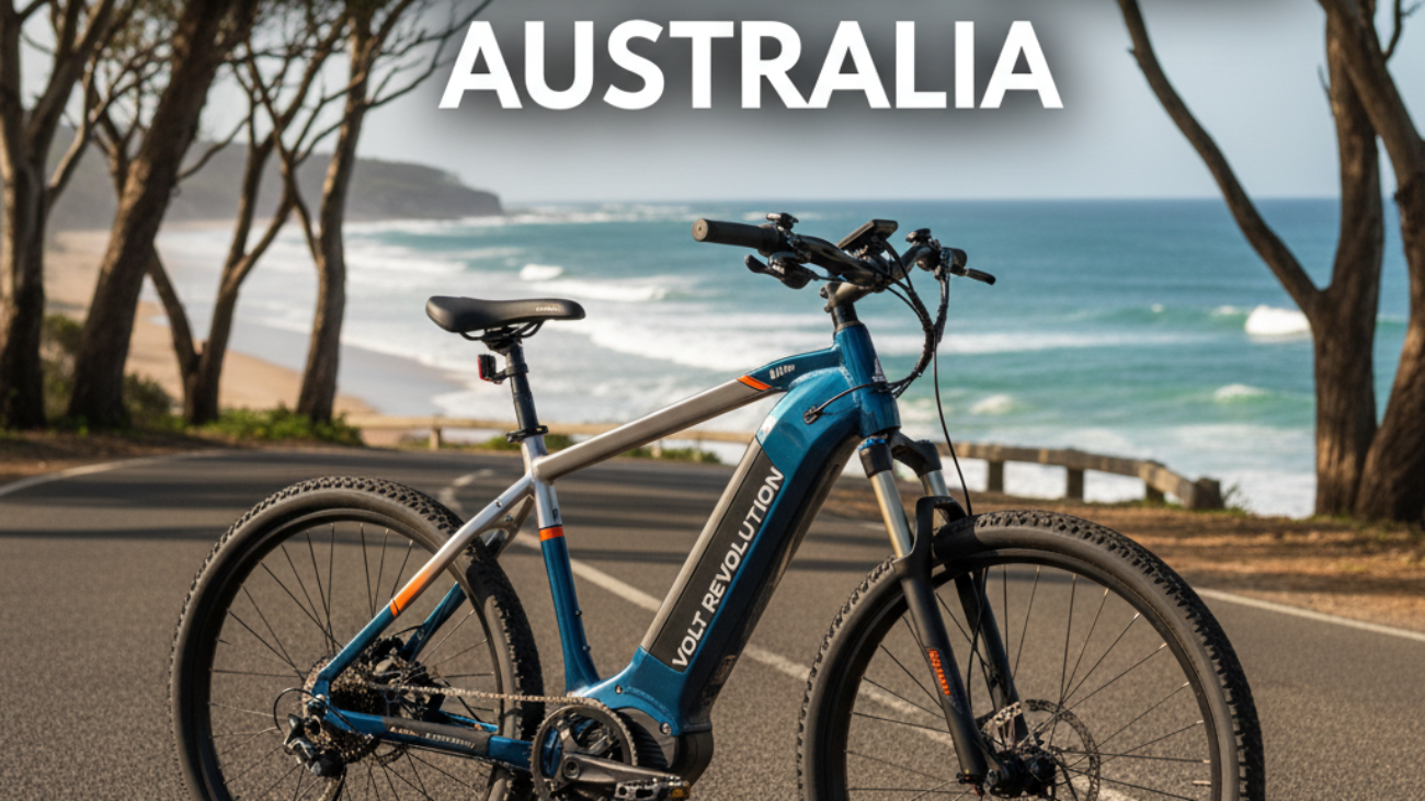 Sleek electric bike on a sunny Aussie coastal road, ocean and gum trees, "Best Electric Bikes Australia".
