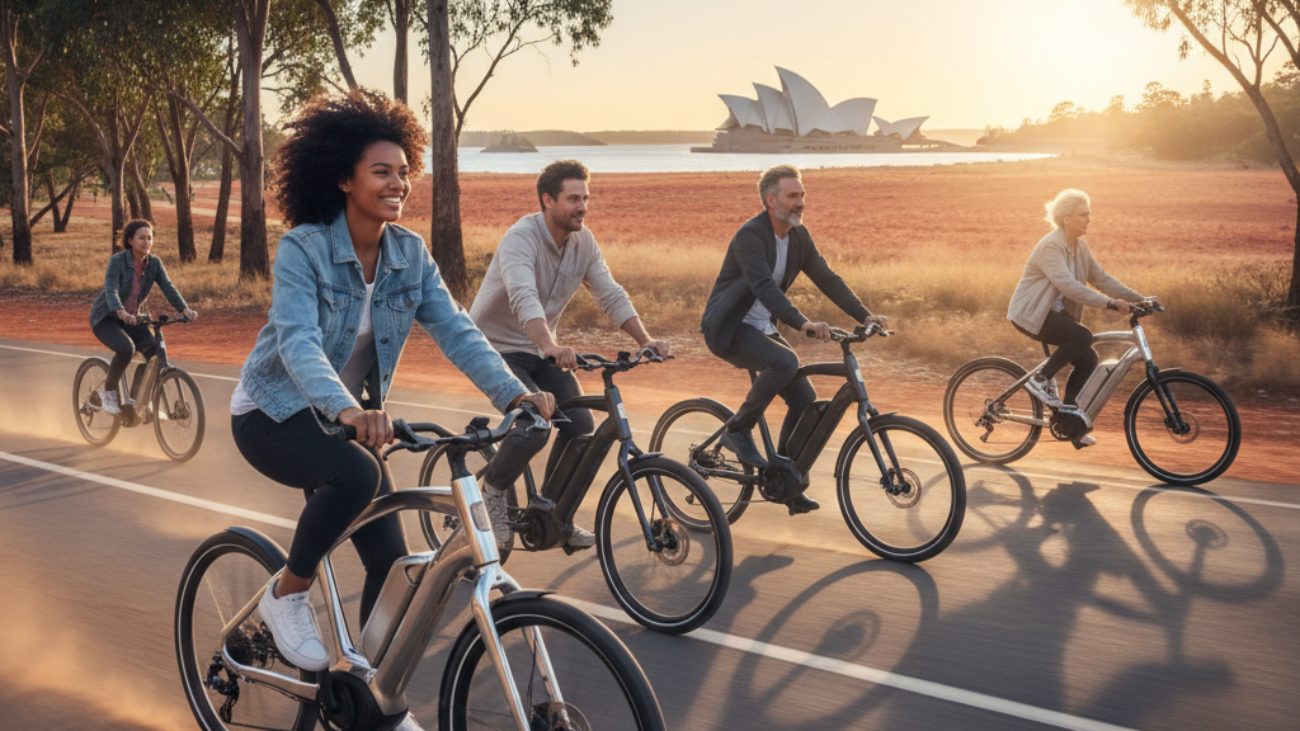 Best E-Bikes Australia: Diverse riders on stylish e-bikes explore iconic Aussie landscapes in motion