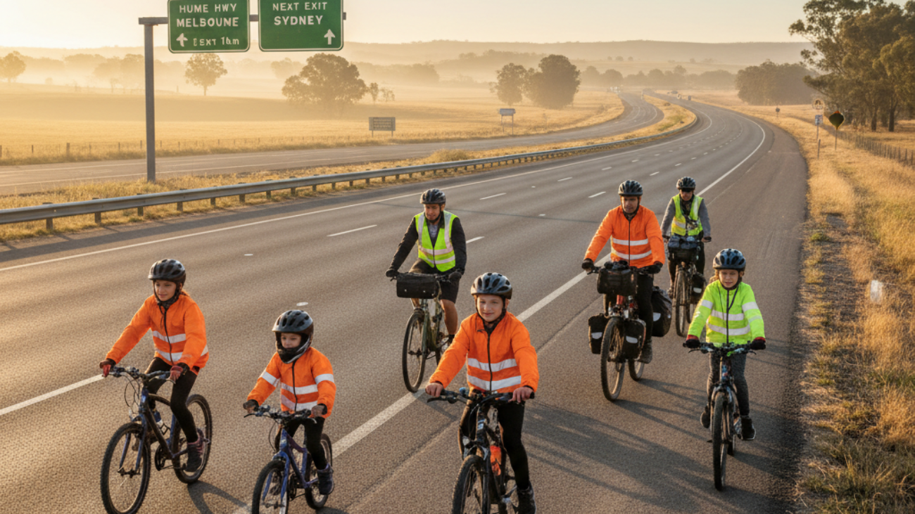 Diverse cyclists ride the Hume Highway amid scenic Australia at sunrise; commuters, families, adventure.
