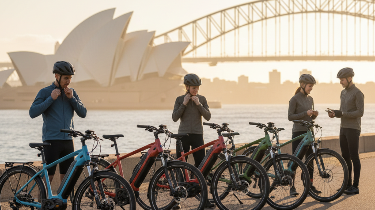 alt_text Latest Aussie e-bikes lineup by Sydney Harbour, stylish riders prepping for an eco-friendly adventure.