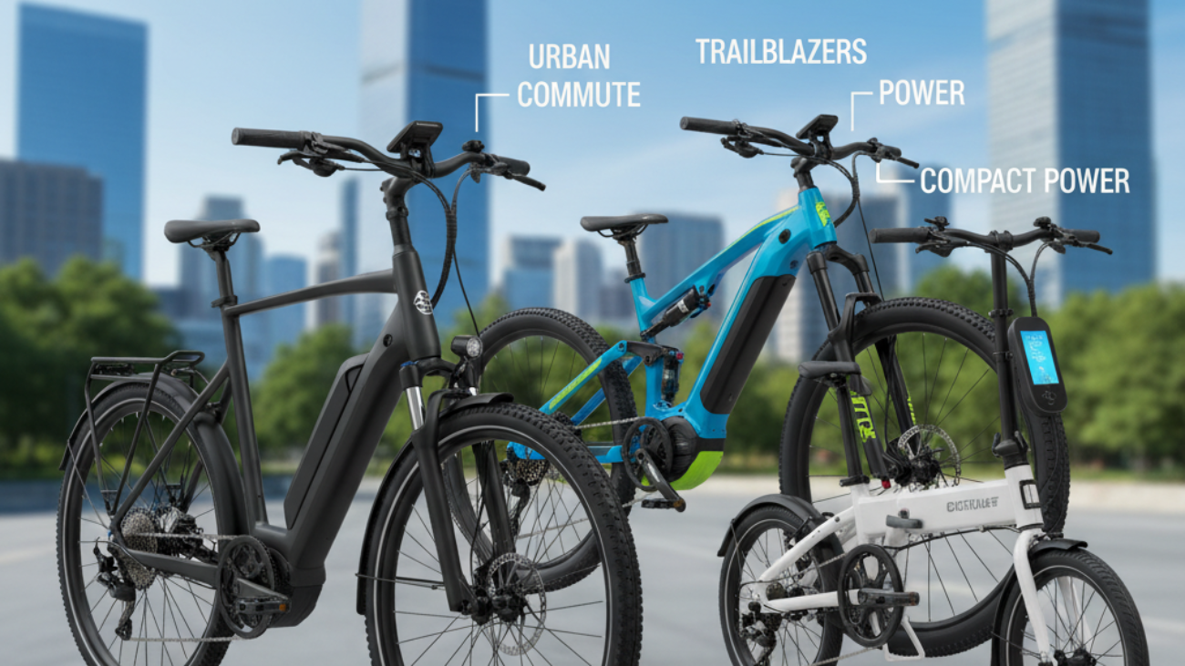 alt_text Three stylish electric bikes on a city-themed magazine cover: commuter, mountain, and folding models.