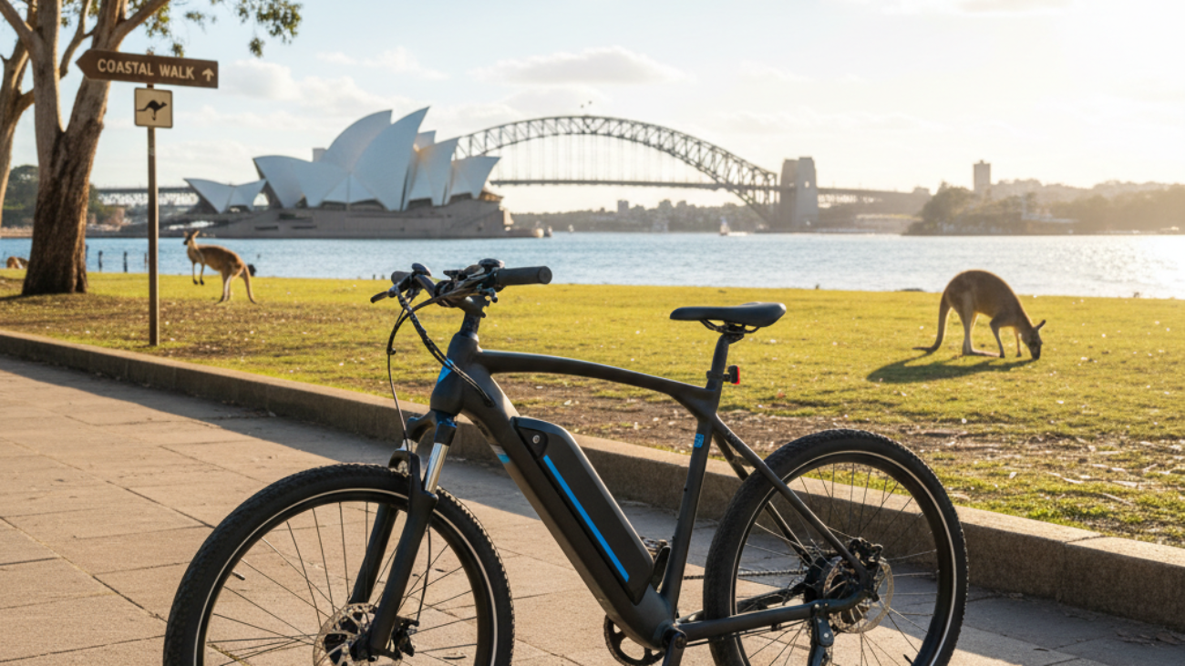 alt_text: Sleek e-bike stands on a scenic Australian coast, vibrant colors, iconic landmarks and wildlife visible.