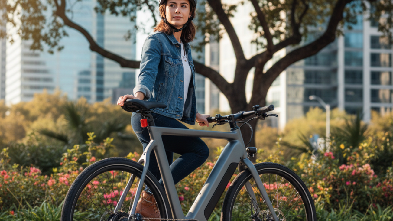 Stylish rider on a sleek electric bike in the city, highlighted as “Best Electric Bikes of the Year”.