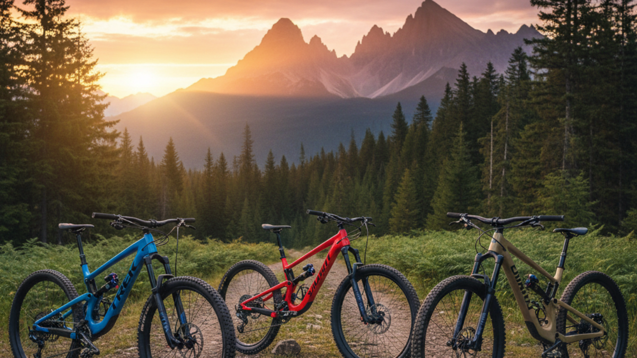 Best Mountain Bike Brands: Top bikes from Trek, Specialized, Giant, and Santa Cruz on a sunrise trail.