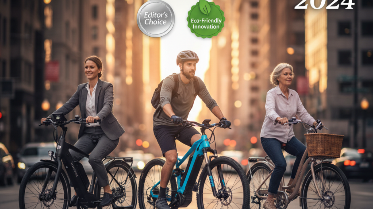 Top Rated Electric Bikes 2024: Diverse riders showcase sleek new models in a vibrant city at sunset.