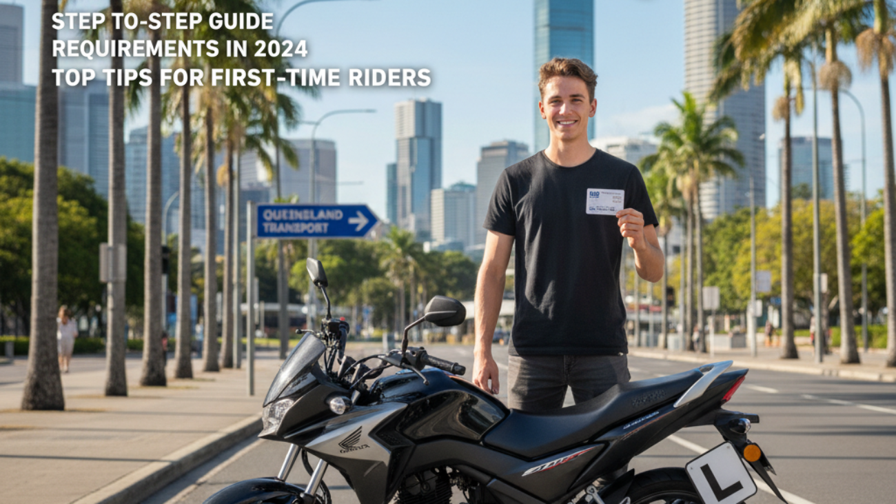 Young rider with L-plate holds QLD licence by a motorbike, Brisbane skyline and guide tips shown.