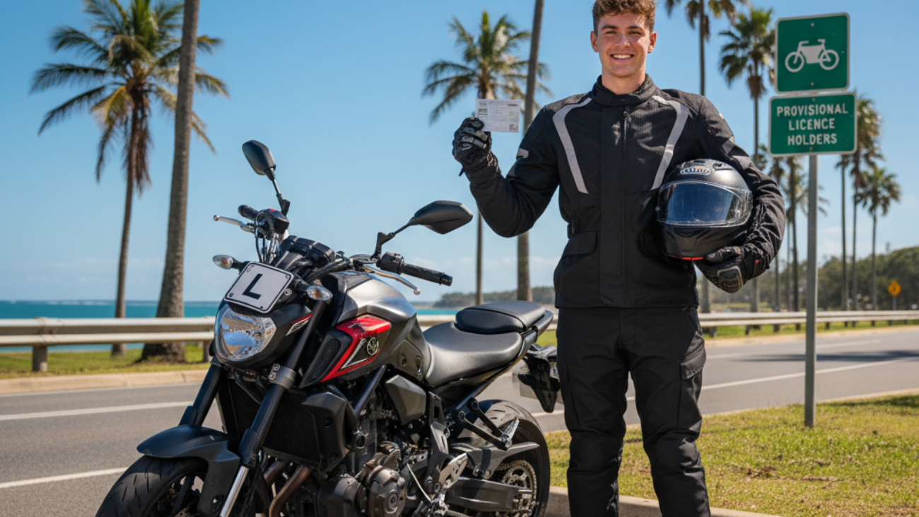 alt_text Learner motorcyclist in Queensland with bike, permit, and QLD road signs under sunny skies.