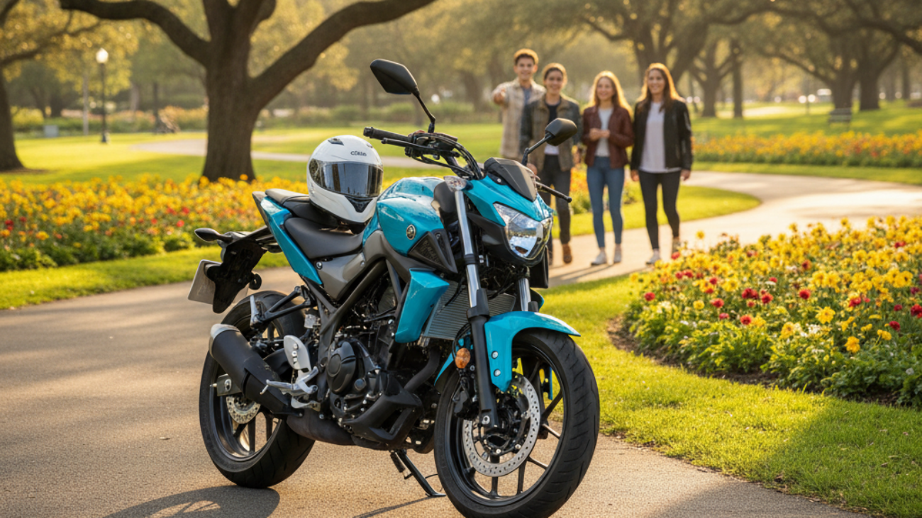 Modern beginner motorcycle in a sunny park, helmet on seat, inspiring new riders to start their adventure.