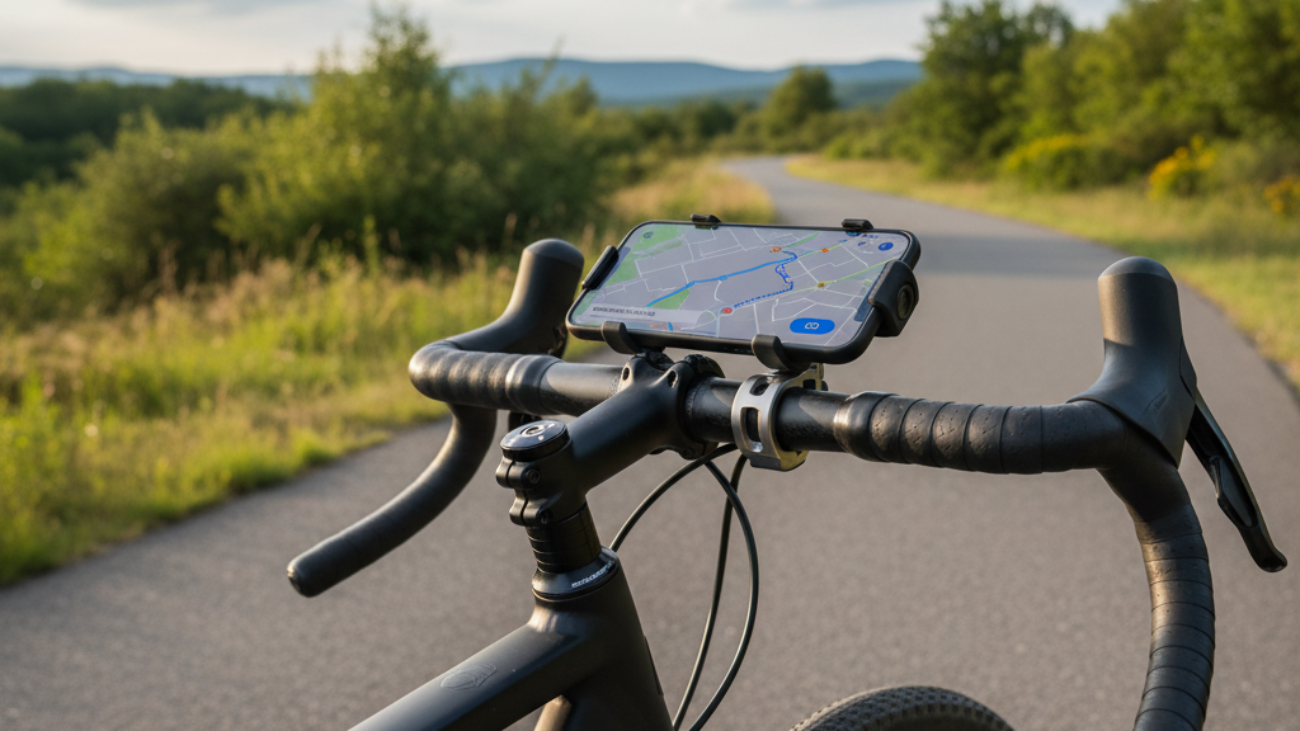 Best Bike Mounts of 2024: Rugged bike on a scenic path featuring a secure phone mount with GPS app.