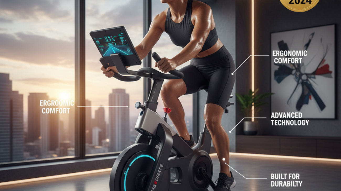 Modern exercise bike stars on a magazine cover; athlete rides, tech features, "Top Pick 2024" badge.