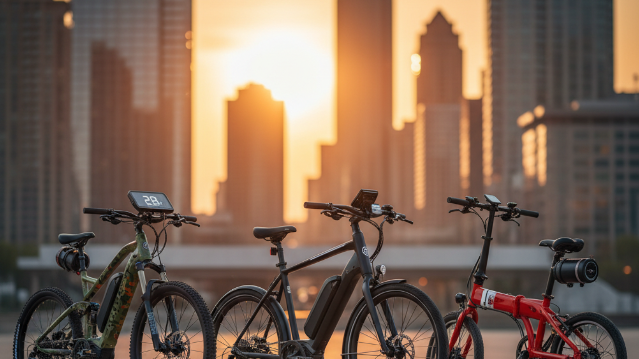 Top-rated e-bikes showcased at sunset in a modern city, highlighting premium features and sleek design.