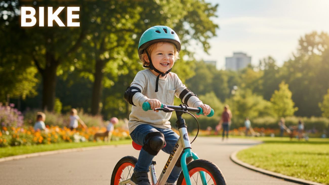 Child rides a vibrant balance bike in a sunny park, joyful and safe. "Best Balance Bike" headline.
