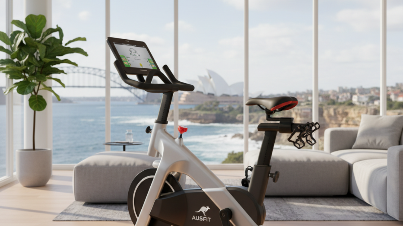 Best Exercise Bike Australia in a modern living room with Aussie scenery, smart features, and bold text.