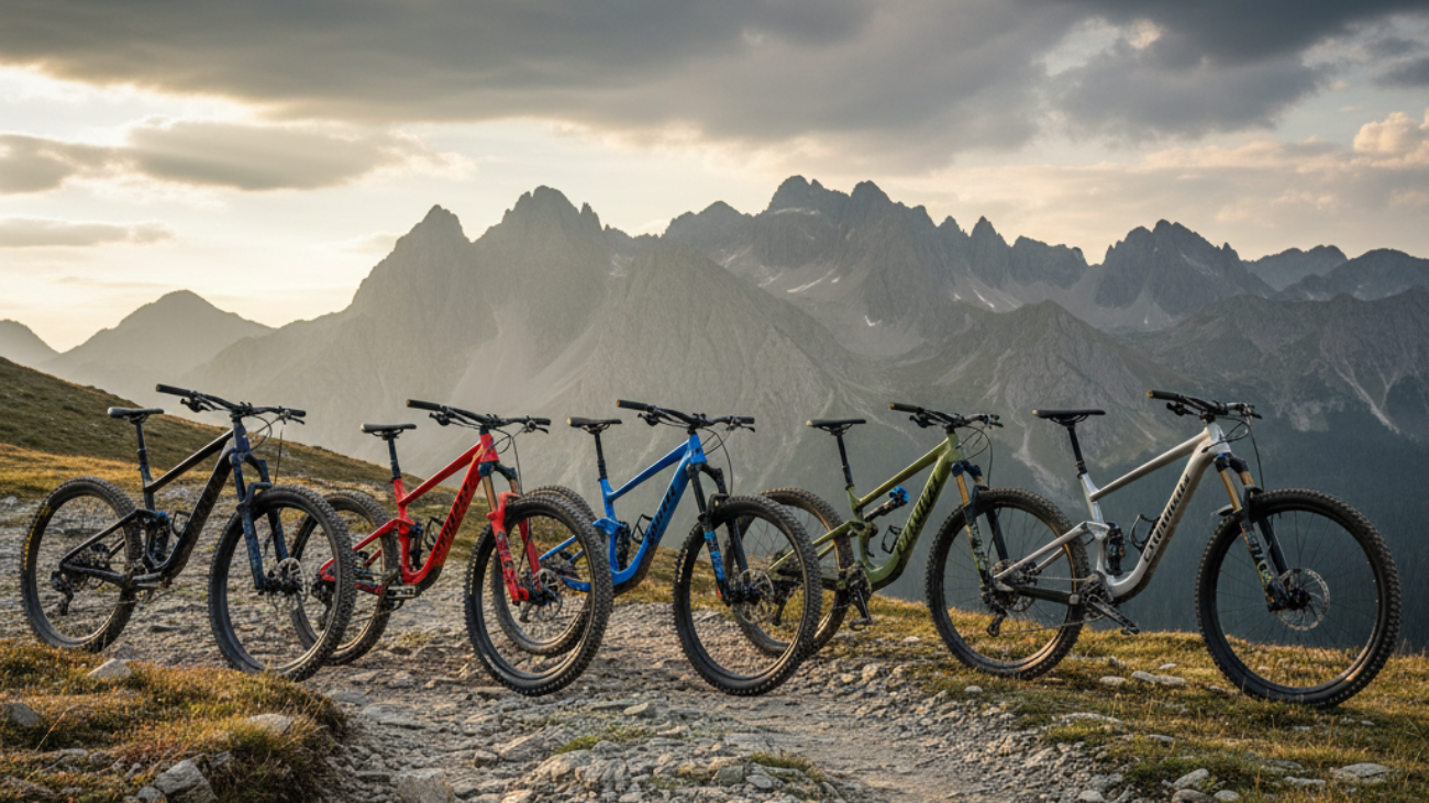 Multiple top MTB bikes from leading brands on a rugged mountain trail under a dramatic sky.