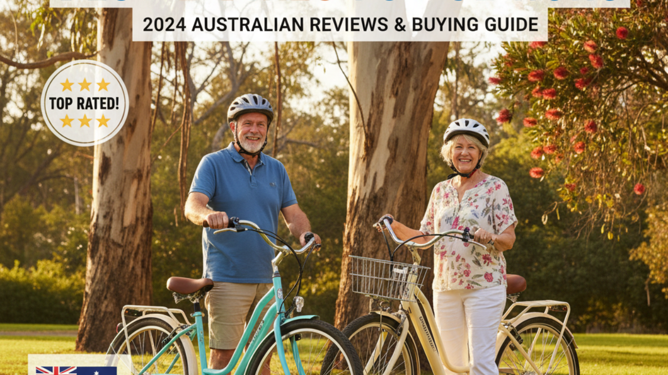 Smiling Aussie seniors with e-bikes in park; 2024 reviews, tips, and Australian flag highlights.