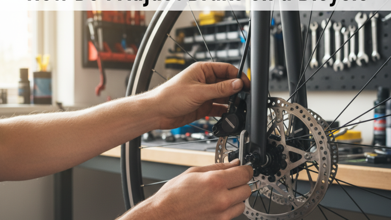 Hands using an Allen wrench to adjust bicycle brake calipers in a bright, tidy home workshop setting.