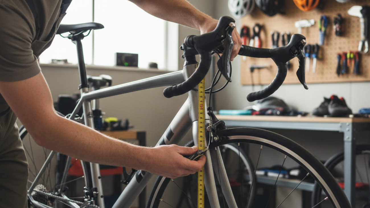 Person measures a bike frame with a tape in a garage, showing how to find the correct bike size.