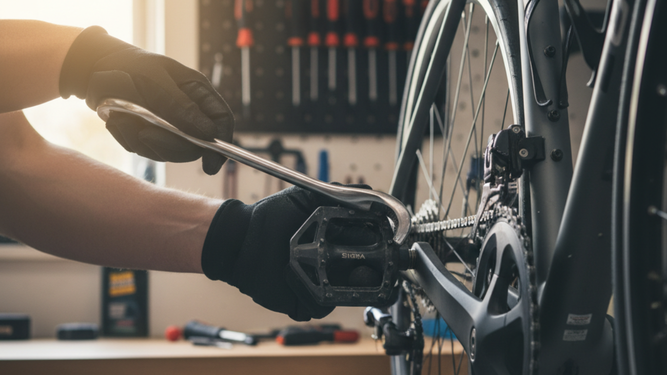 Close-up of hands using a wrench to remove a bike pedal in a bright, organized workshop setting.