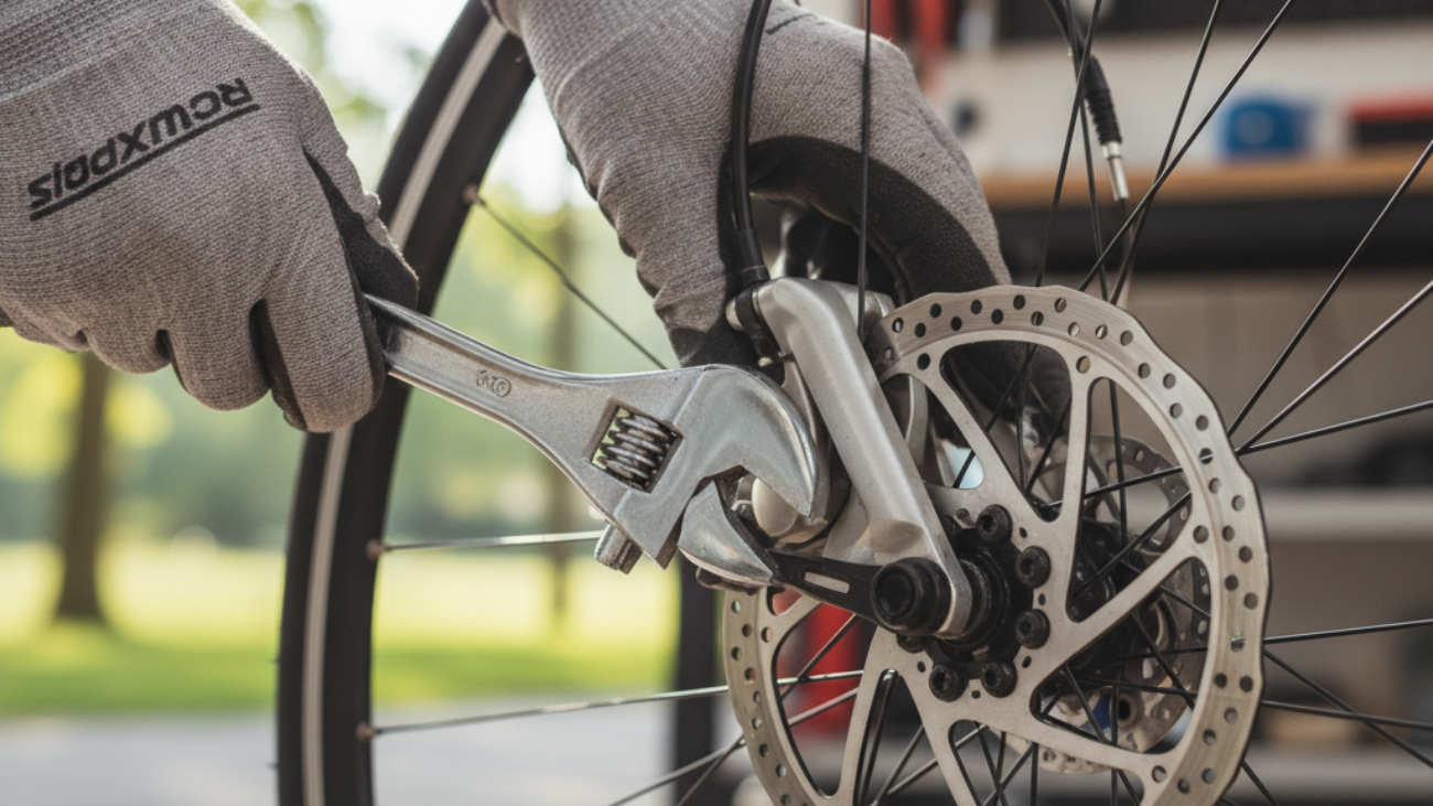 Hands adjusting bike brake calipers with a wrench, close-up, outdoor background softly blurred.