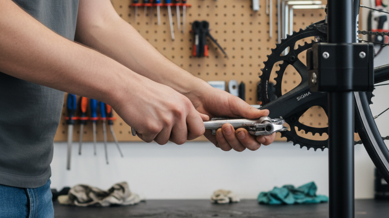 How Do You Change Pedals on a Bike? Step-by-step guide with hands using a wrench in a home workshop.