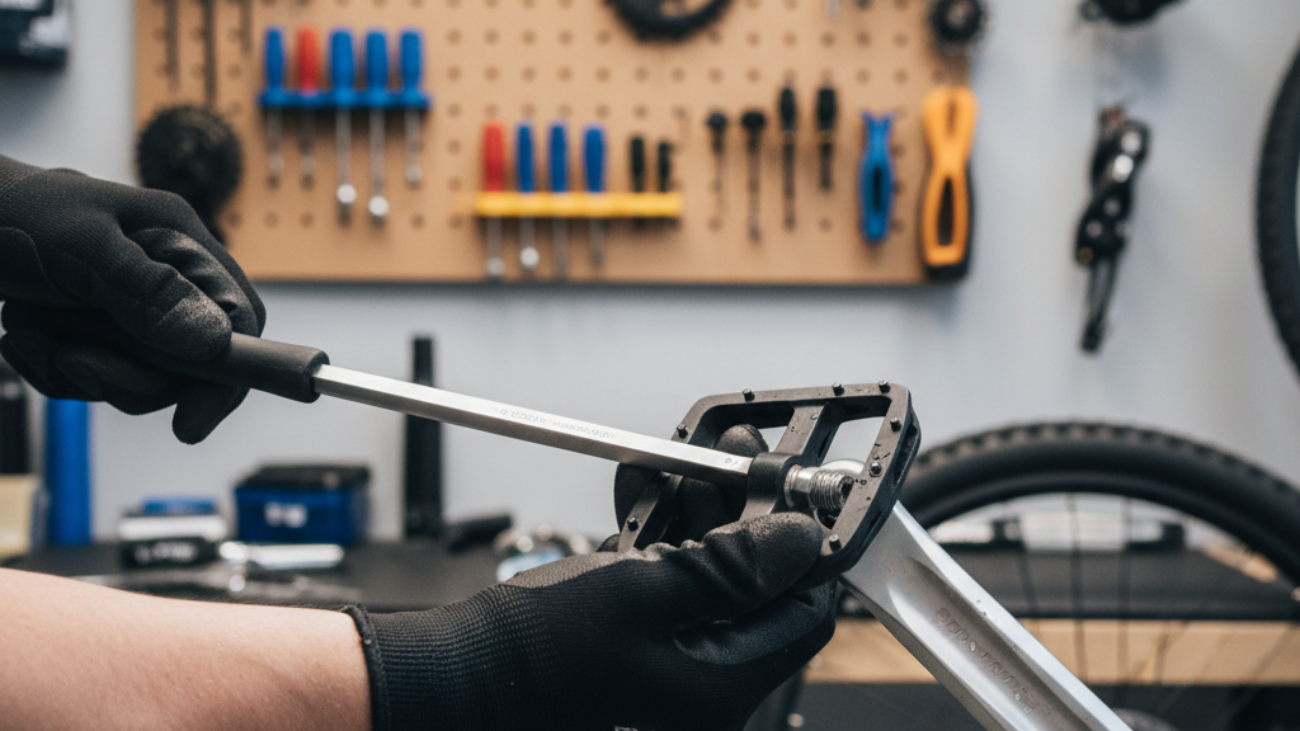 How Do You Remove a Bike Pedal? – Step-by-Step Guide: Hands loosening a bike pedal with a wrench.