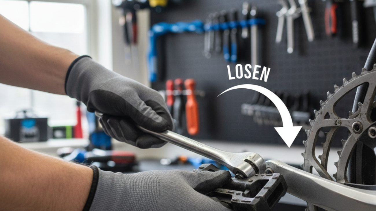 alt_text Hands with gloves use a pedal wrench to remove a bike pedal, with an arrow showing the turn direction.