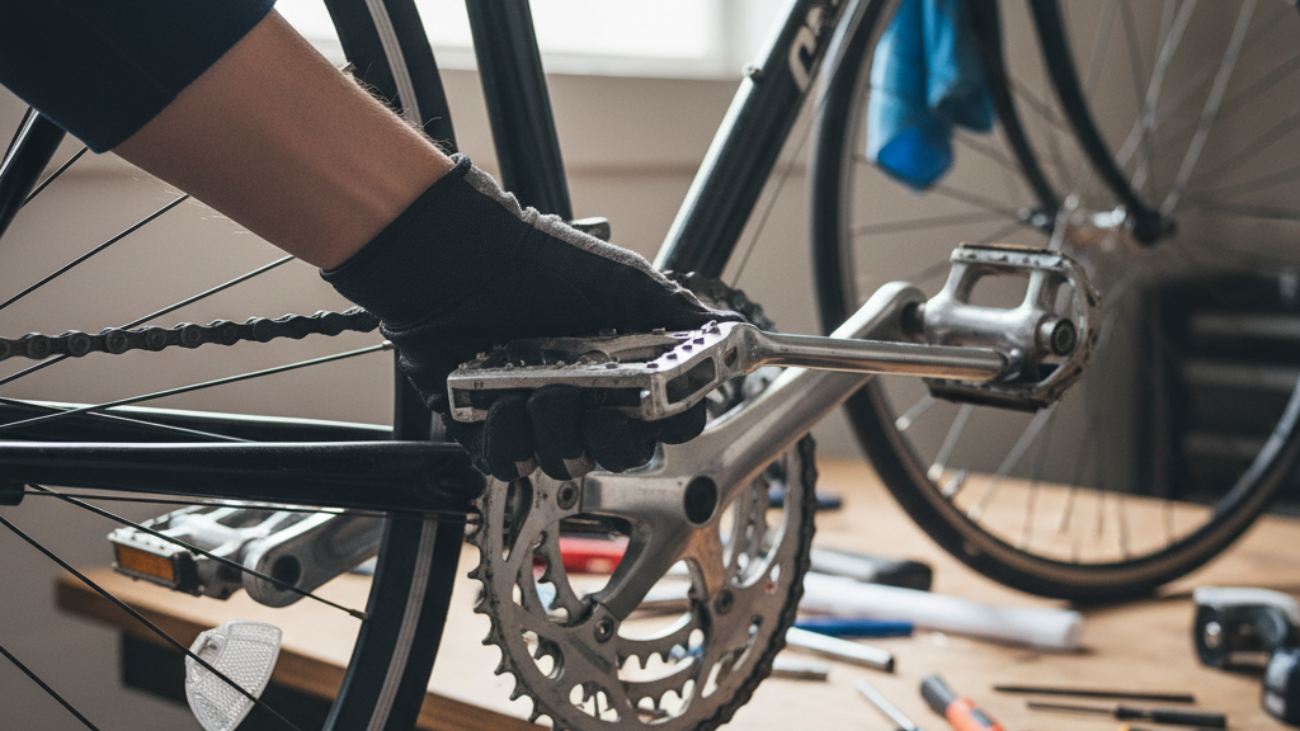 alt_text: Close-up of hands using a pedal wrench to remove a bike pedal in a well-lit home workshop.