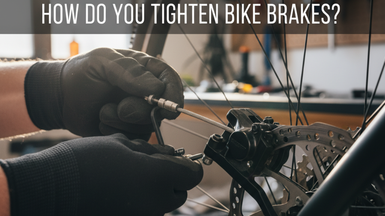 How Do You Tighten Bike Brakes? Close-up of hands adjusting a bike brake cable with tools in daylight.