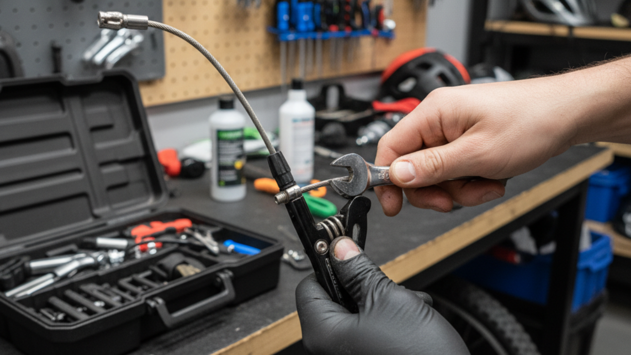 Hands tightening a bike brake cable with a wrench in a garage, showing detailed brake lever mechanics.