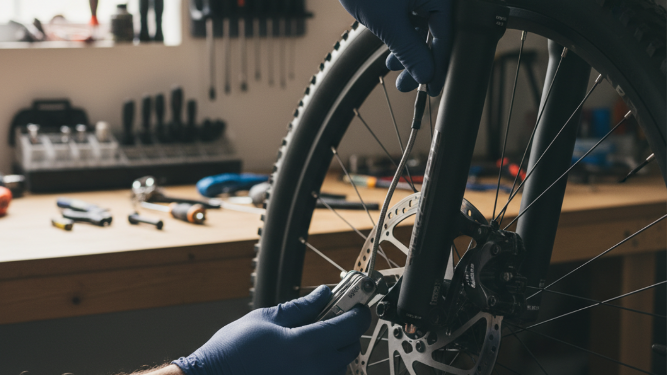 Hands adjust bike brake caliper with Allen wrench in a workshop, highlighting DIY bike maintenance skills.