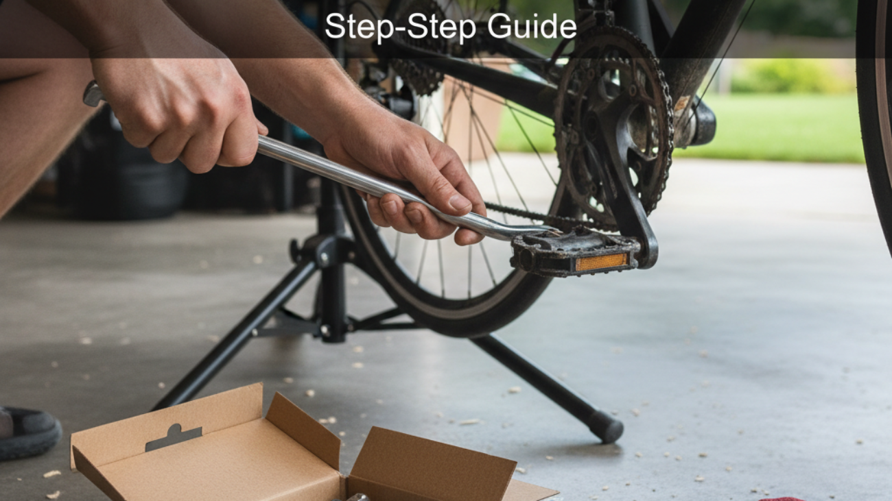 How to Change Bike Pedals: Hands using a wrench to remove a pedal, new pedals ready on the ground.