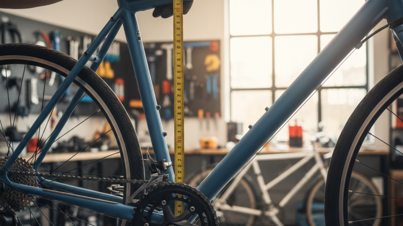 How to Measure Bike Frame Size: Person measuring bike frame with tape in a bright garage or bike shop.