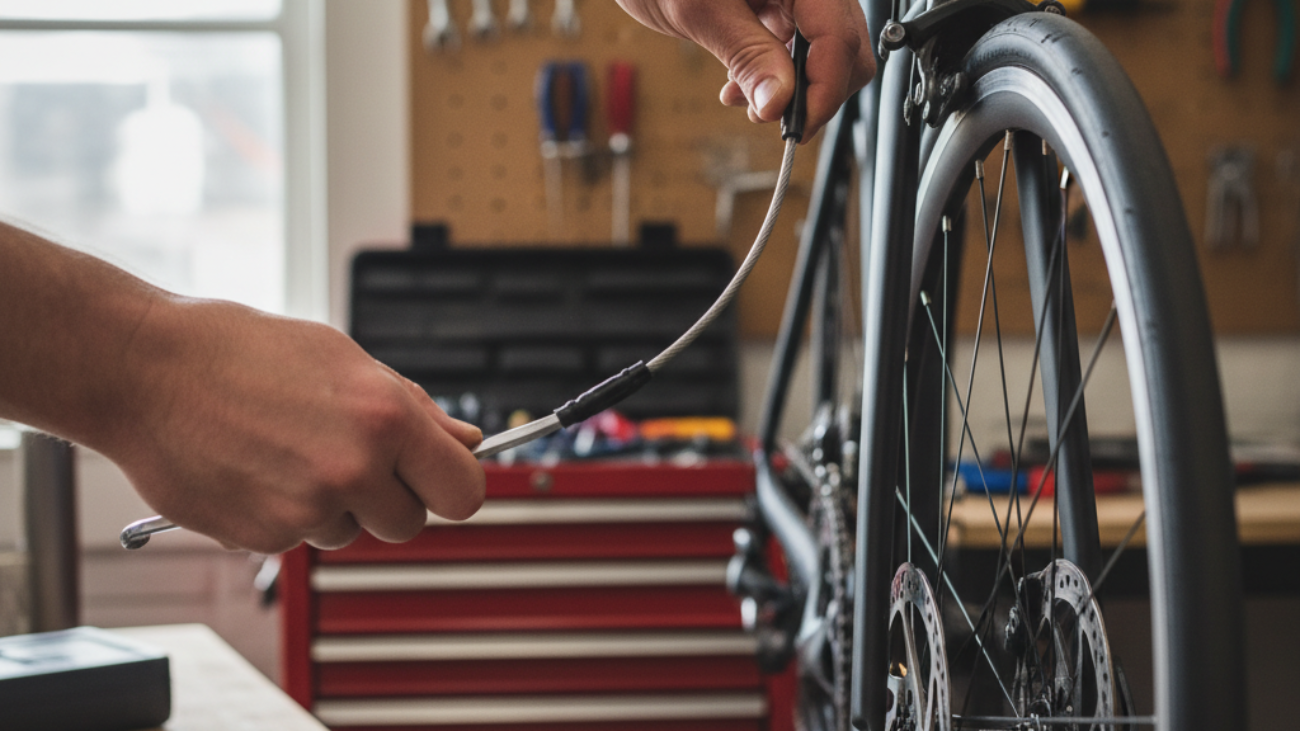 Hands adjusting a bike brake cable with an Allen wrench in a workshop, emphasizing DIY bike repair.