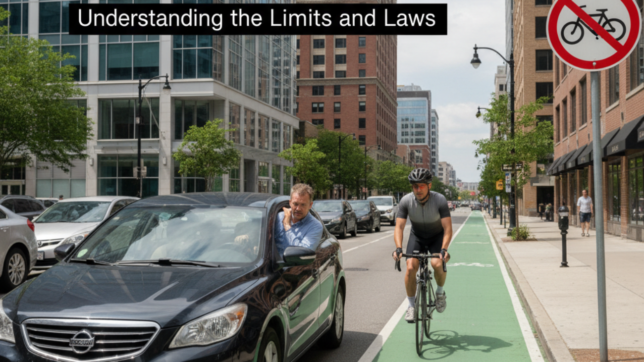 How Far Can You Drive in a Bicycle Lane? Confused driver blocks bike lane; cyclist reacts in city scene.