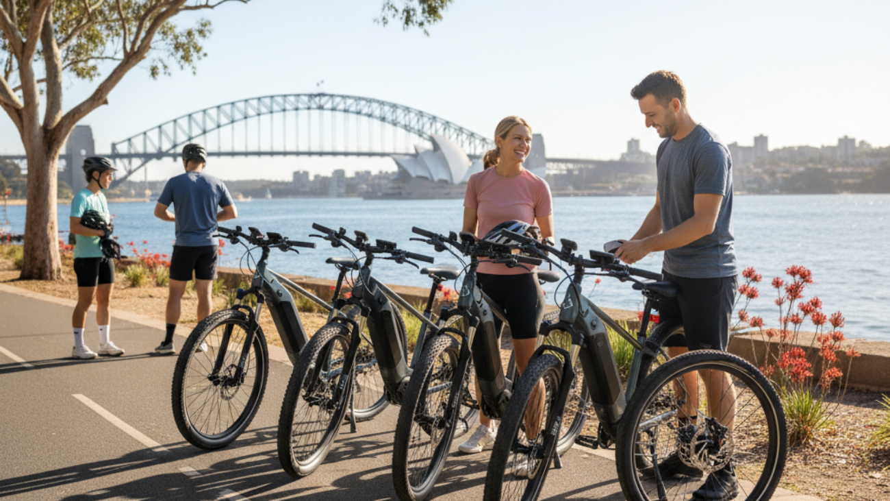 Best Electric Bicycles Australia cover with e-bikes by Sydney landmarks, cyclists, and Aussie scenery.