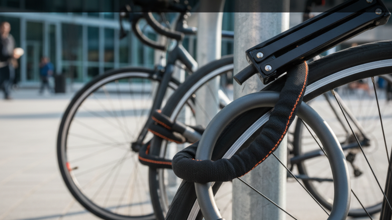 Best bicycle locks in use: sturdy U-lock secures bike in a modern city setting for article cover.