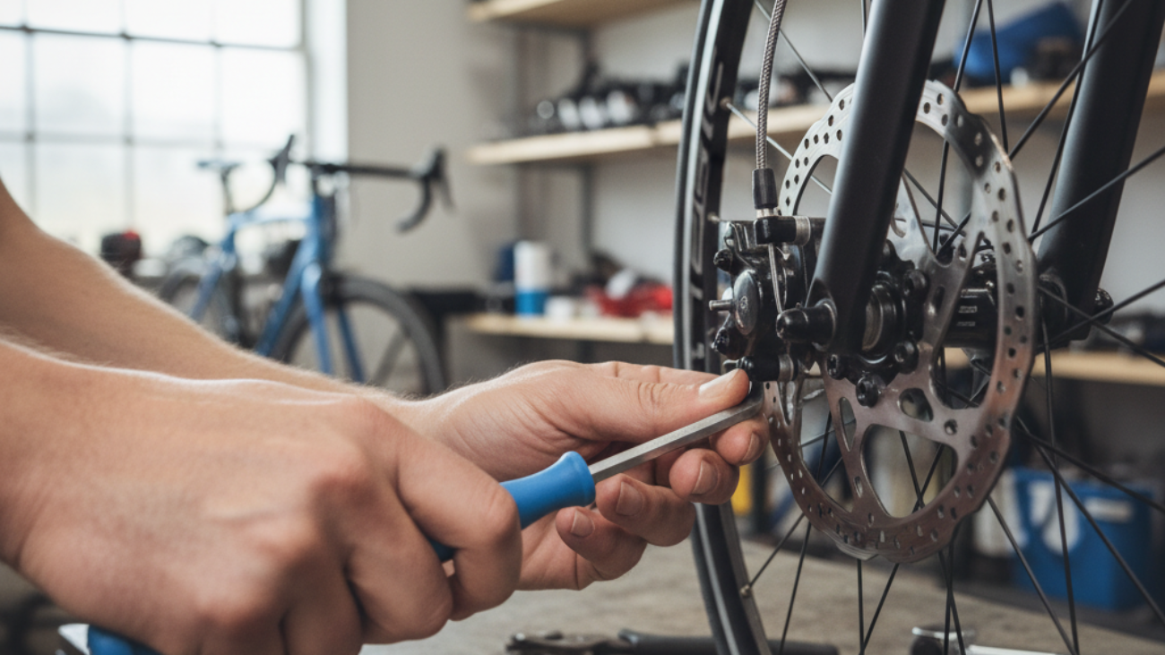 Hands adjust front bicycle brakes with an Allen wrench; tools and brake parts in focus, blurred workshop.