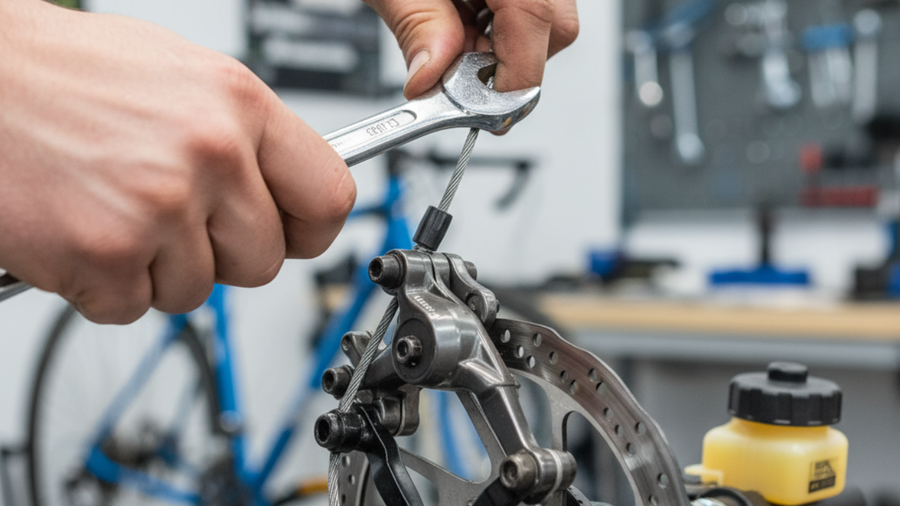 alt_text Hands using a wrench to adjust a bicycle brake cable in a bright workshop, focusing on the brake mechanism.