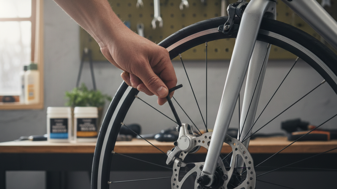 Hands use an Allen wrench to adjust a bicycle brake caliper in a well-lit workshop setting.