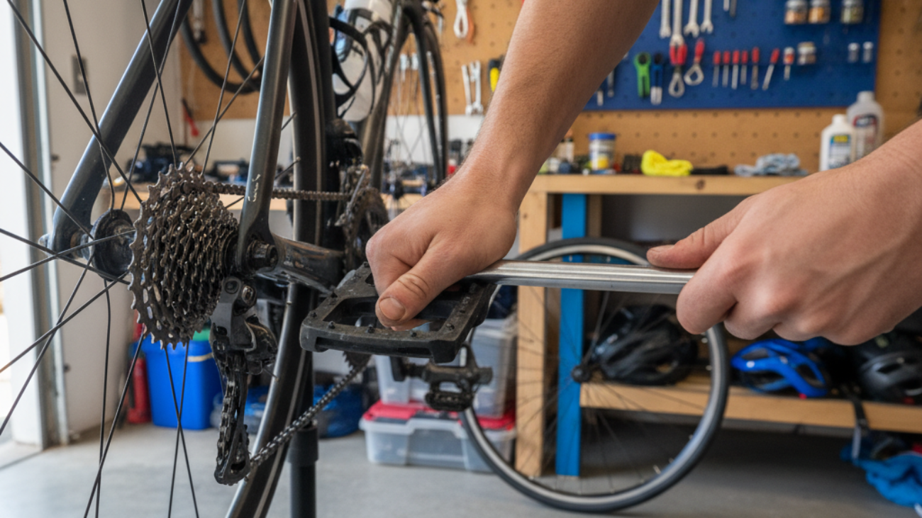 alt_text: Hands using a pedal wrench to remove a bike pedal in a well-lit home garage workshop setting.