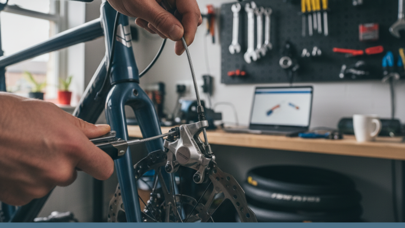 alt_text: Hands adjusting a bike brake cable with tools in a tidy workshop, showing precise repair steps.